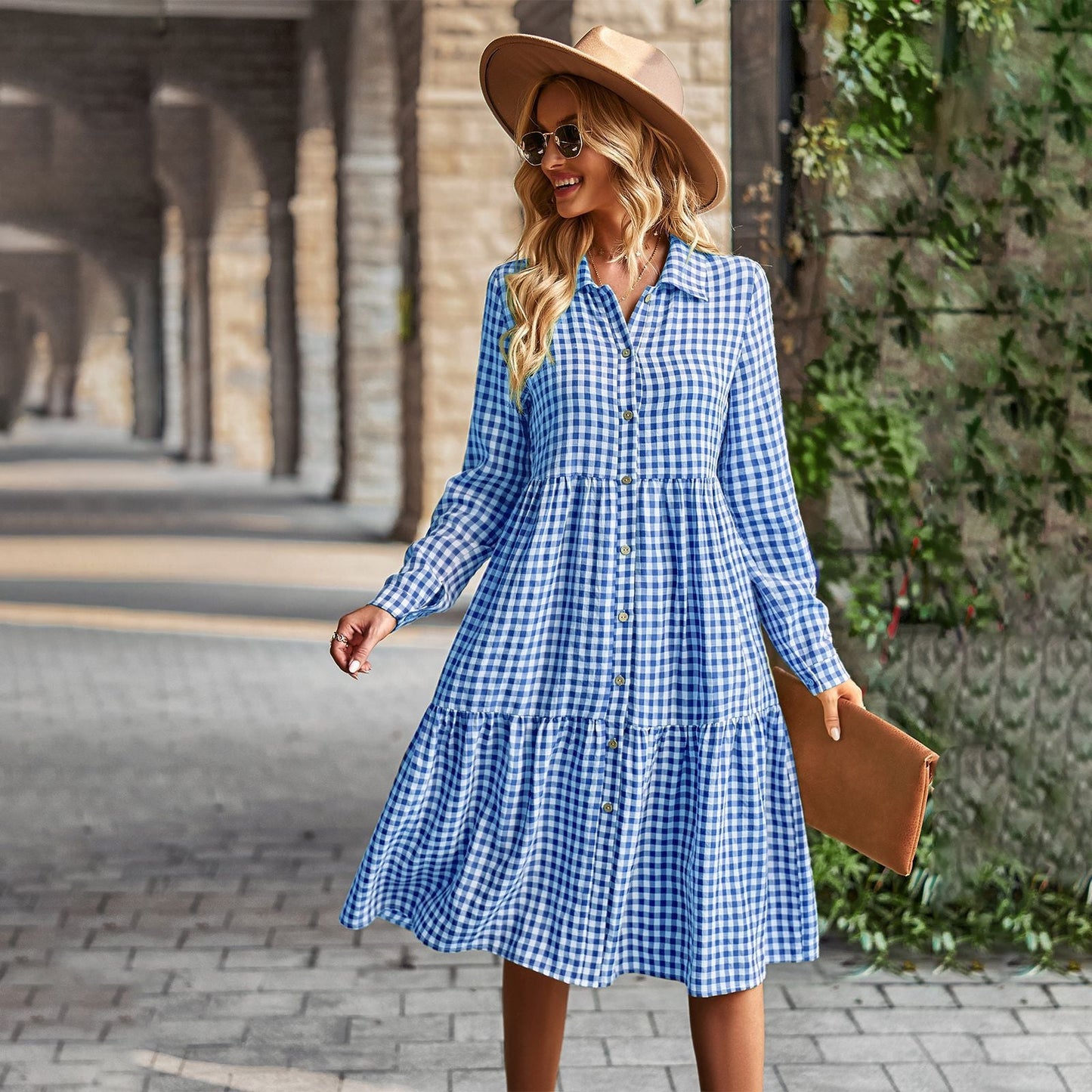 Damen karierte Midi-Bluse mit Knopfleiste und ausgestelltem Rock WW