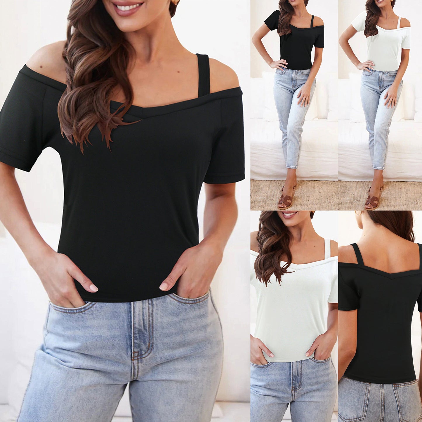 Women's Off-Shoulder Top with Elastic Straps and V-Neck WW