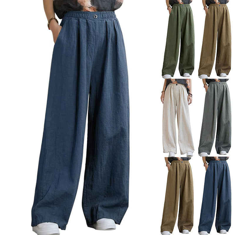 Damen weite Leinenhose mit elastischem Bund und femininen Falten WW