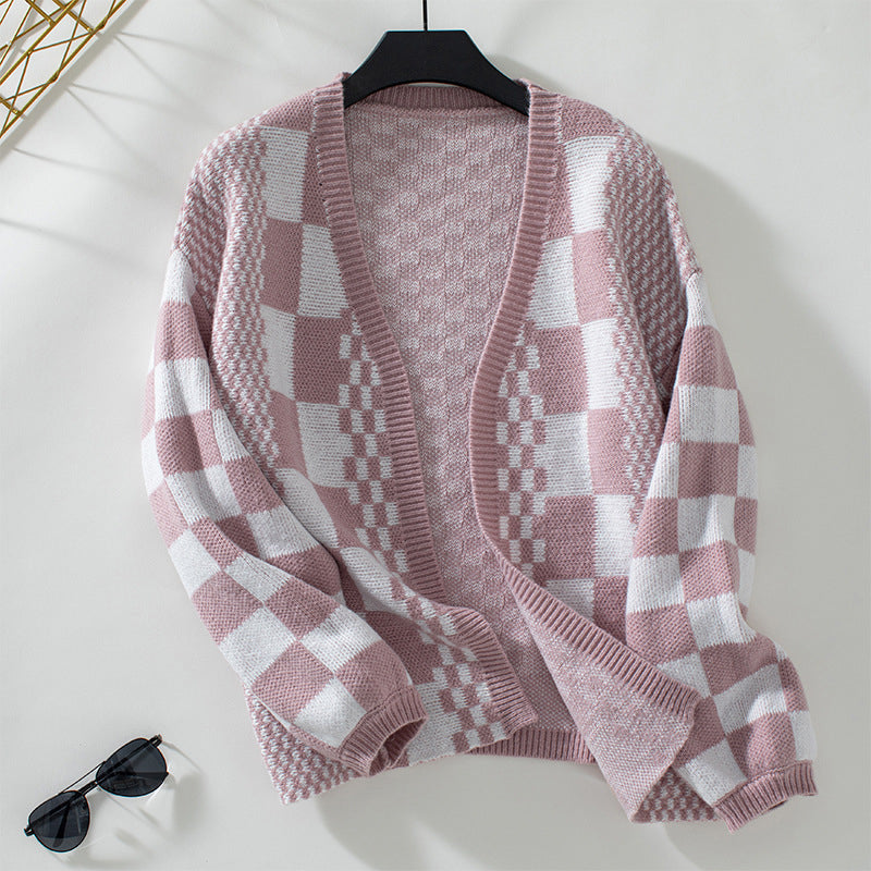 WW | Kariert Gestrickte Strickjacke für Damen