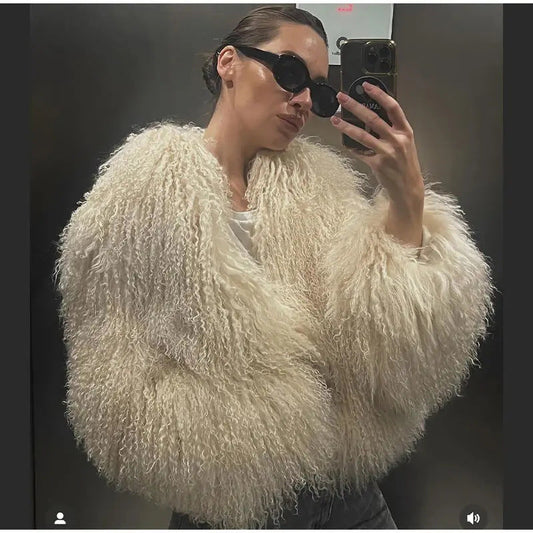 Women's Cozy Faux Fur Jacket with High Collar and Elegant Details WW
