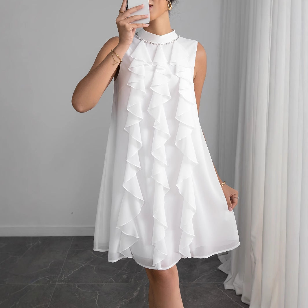 Damen Chiffon Kleid mit voluminösen Rüschendetails und elegantem Stehkragen W&W