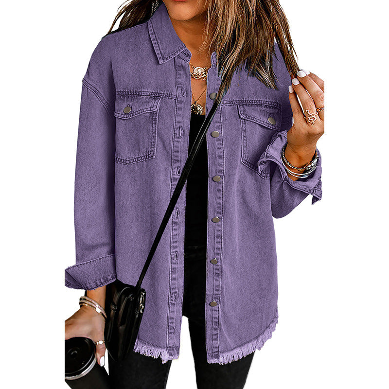 Women's Denim Shirt Jacket with Rounded Hem and Detachable Pockets WW