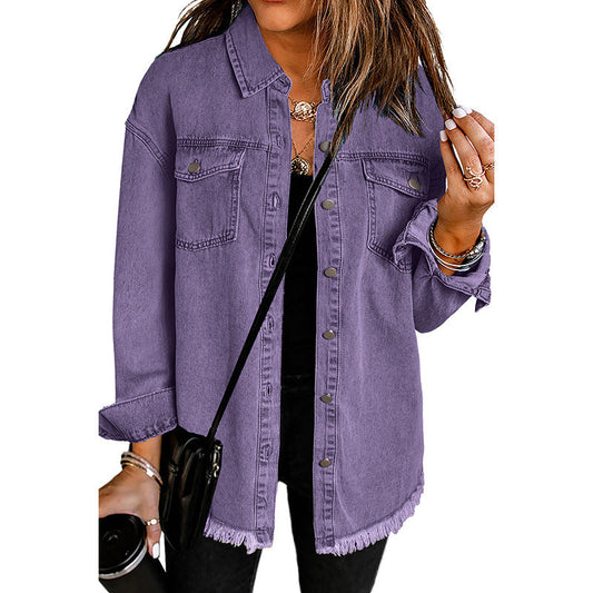 Women's Denim Shirt Jacket with Rounded Hem and Detachable Pockets WW