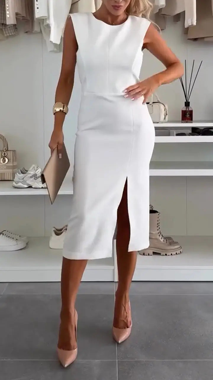 WW | Elegantes Schlitz Raffung O-Ausschnitt Eingewickeltes Rockkleid - 3 Farben