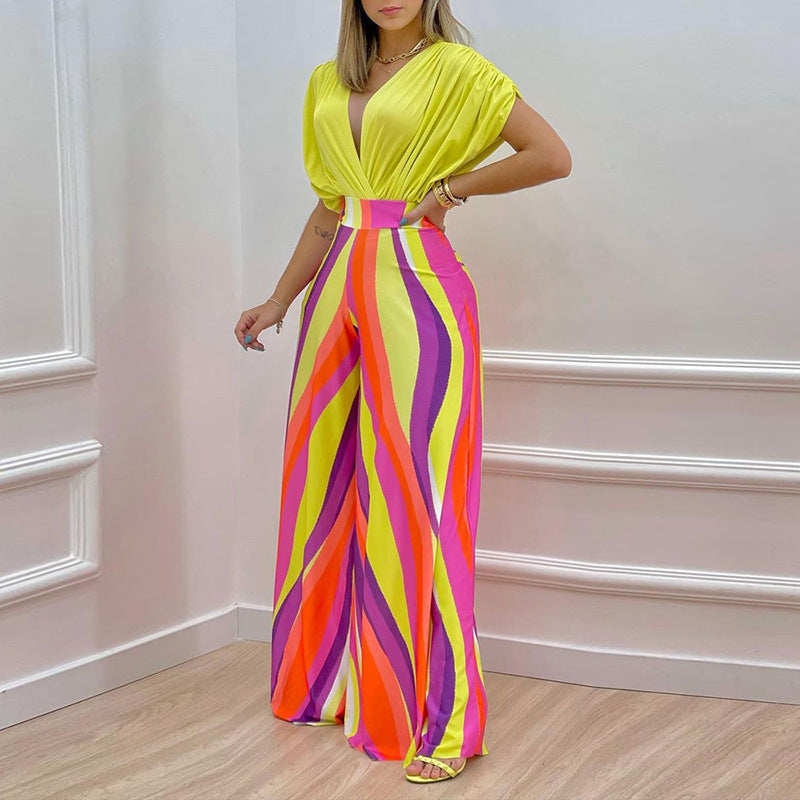Women's Jumpsuit with Deep V-Neck and Wide Leg WW
