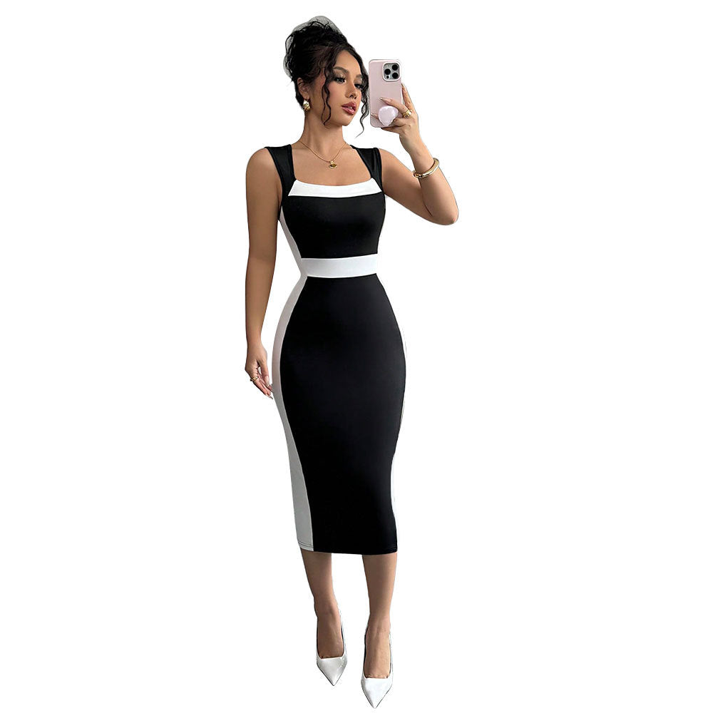Damen figurbetontes Midi-Kleid mit elegantem Farbkontrast und schickem Ausschnitt W&W