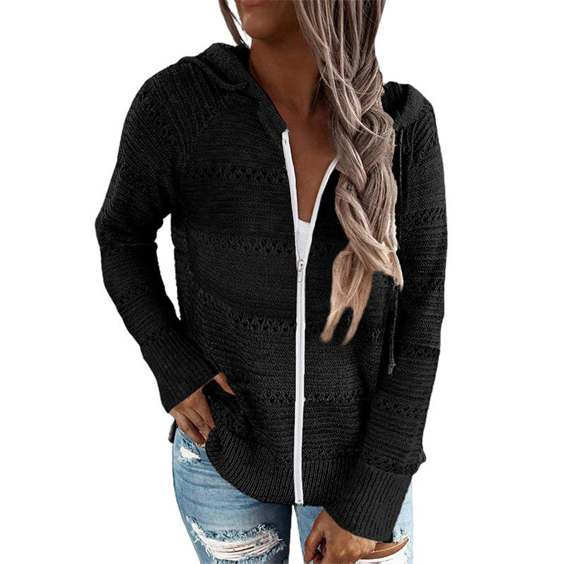 Women's Casual Knitted Cardigan with Hood and Decorative Openwork Pattern WW