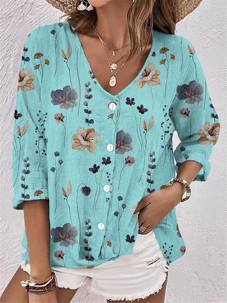 Damen Bluse mit floralem Druck und modernem Knopfdesign WW