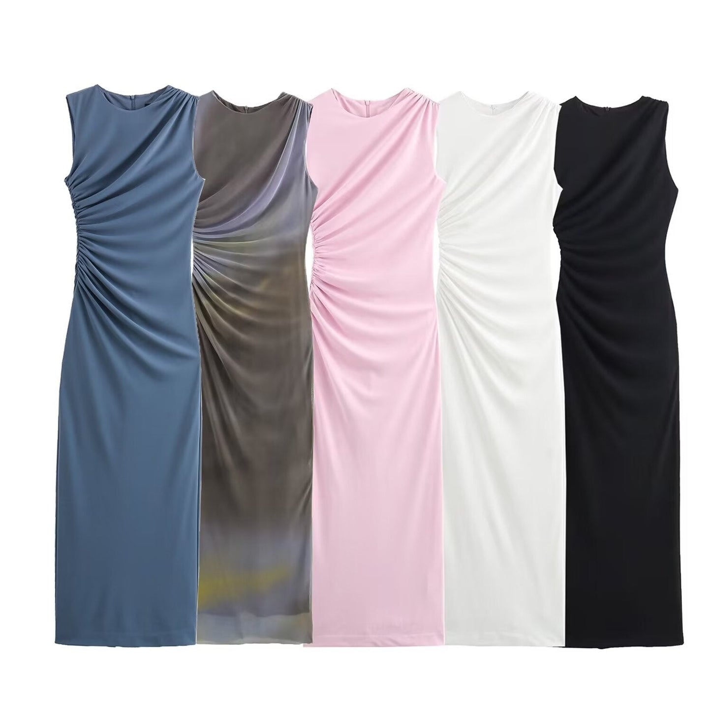 WWMODE | Einfarbiges Rundhalsausschnitt Ärmelloses Faltendes Slim Fit Kleid