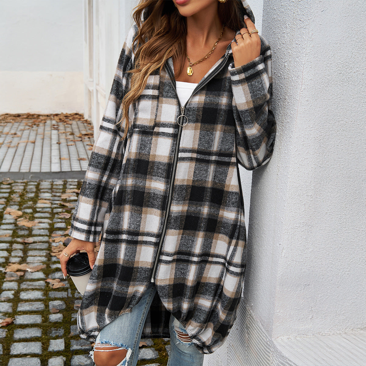Women's Plaid Long Jacket with Hood and Pockets WW