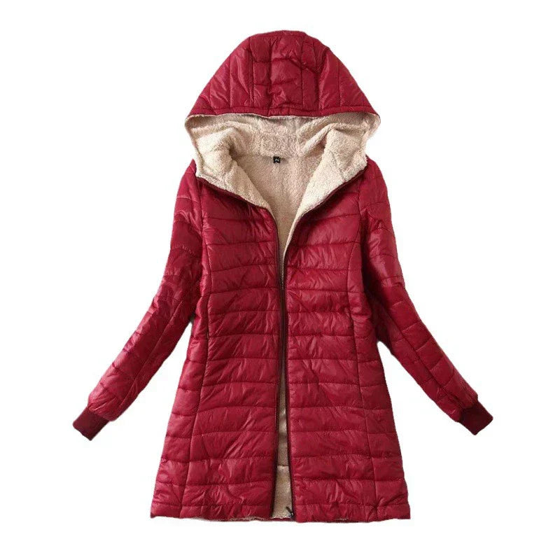 WW | Damen Pufferjacke – Gepolstertes Warmdesign – Plüschfutter – Kapuze Mittellanger Schnitt