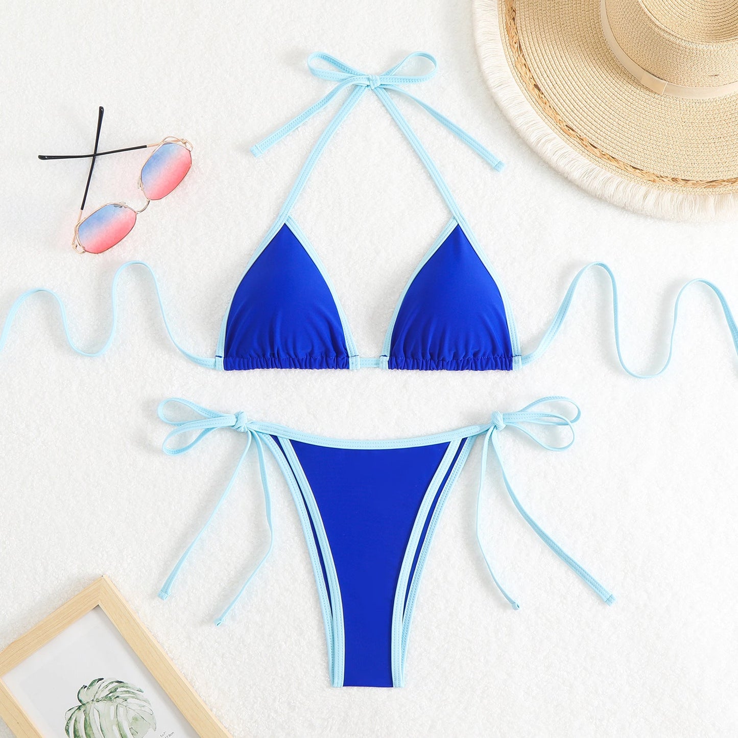 Damen Triangel-Bikini-Set mit verstellbaren Schleifen und kontrastierenden Akzenten WW