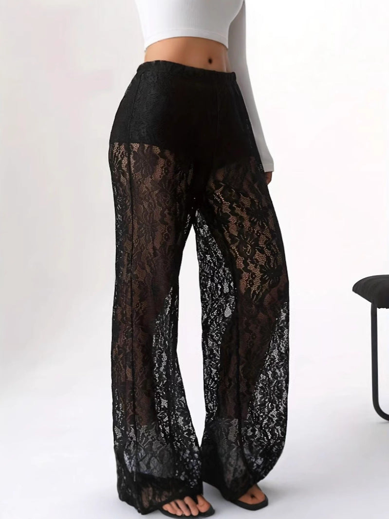 Damen elegante Spitzenhose mit weitem Schnitt und elastischem Bund WW