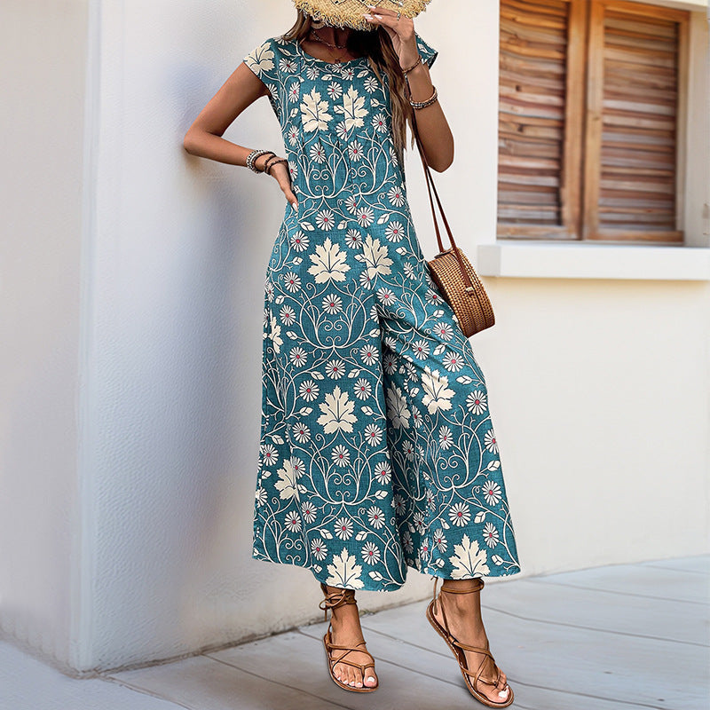 Women's Jumpsuit with Floral Design and Chestnut Tie-Belt WW