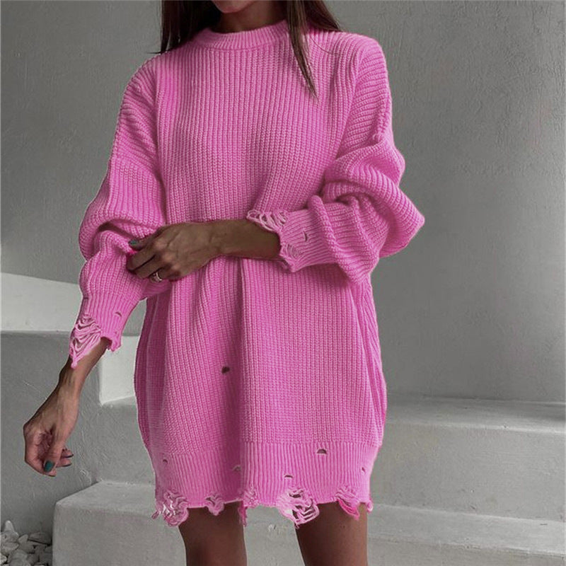 WW Ripped O-Neck Oversized Sweater Dress