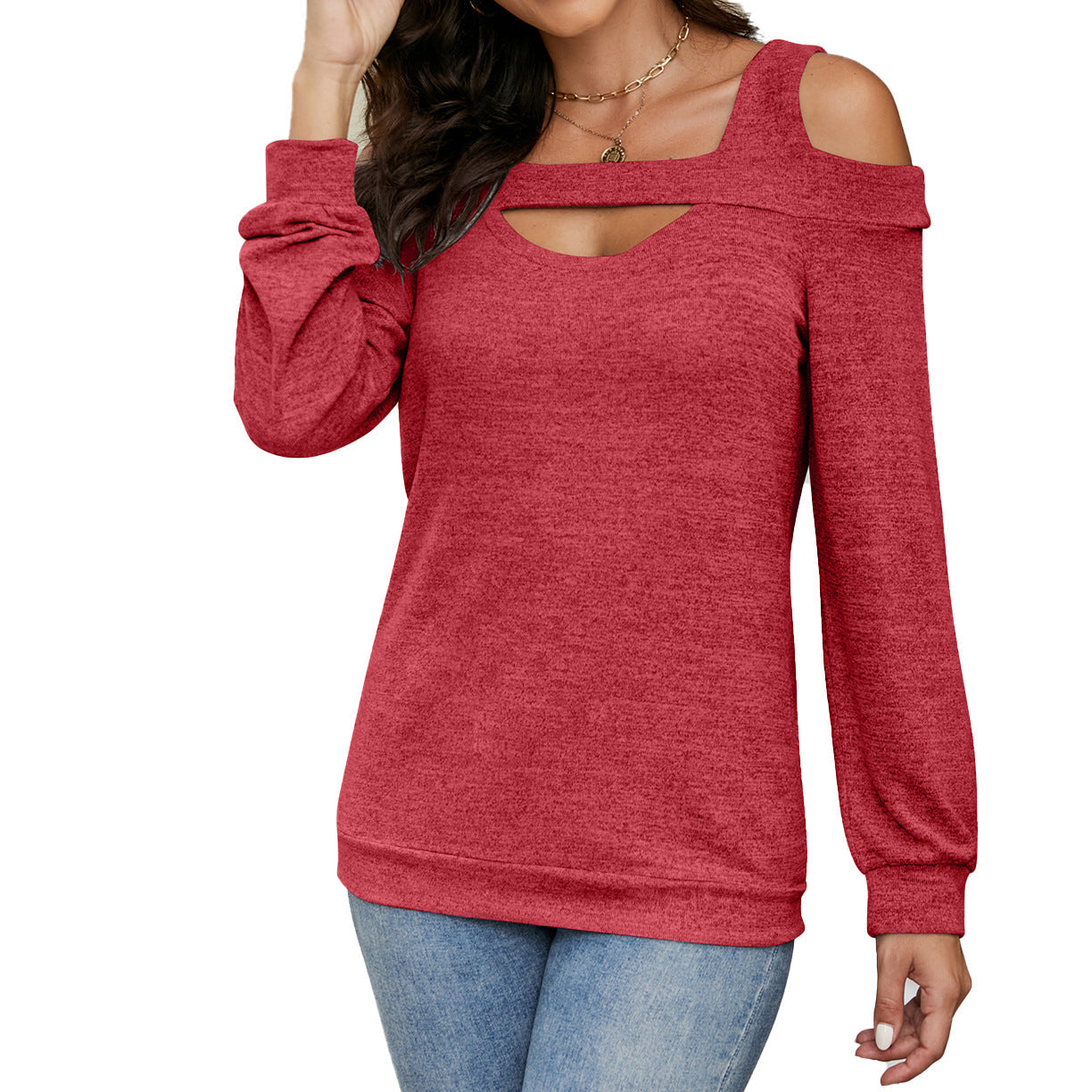 Damen lässiges Cold-Shoulder Sweatshirt mit tiefem Ausschnitt und Ballonärmeln WW
