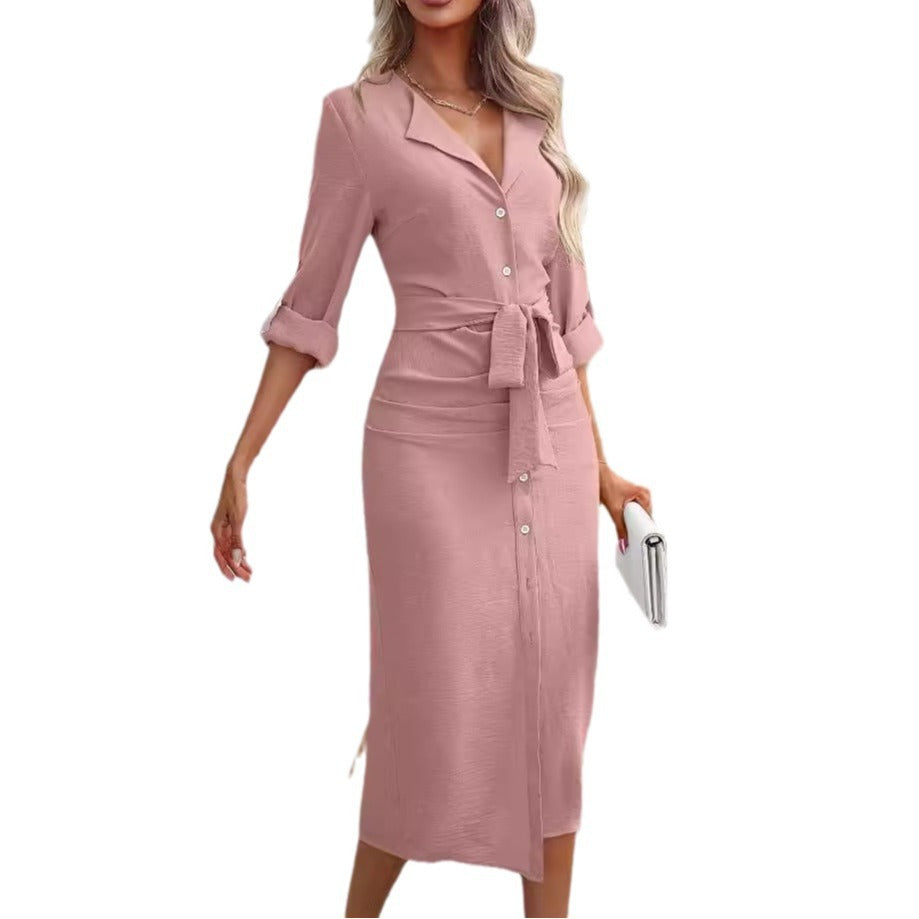 Damen knielanges Hemdblusenkleid mit Gürtel und modernem Revers WW