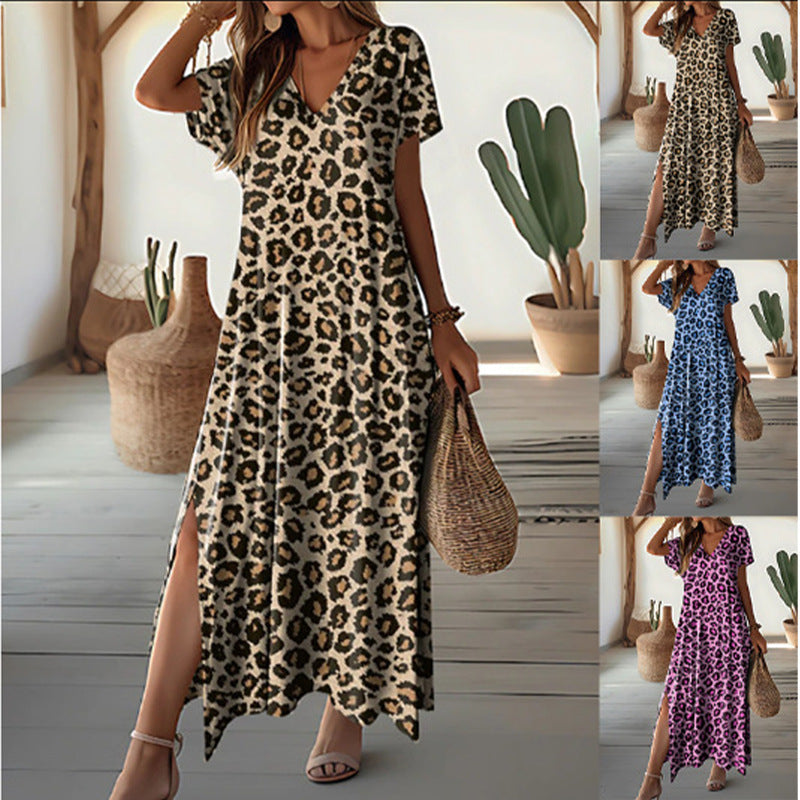 Damen Maxikleid mit modernem Leopardenmuster und seitlichen Schlitzen WW