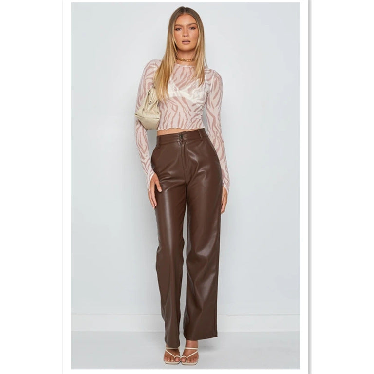Damen Modische Kunstlederhose mit weitem Bein und eleganter Passform WW
