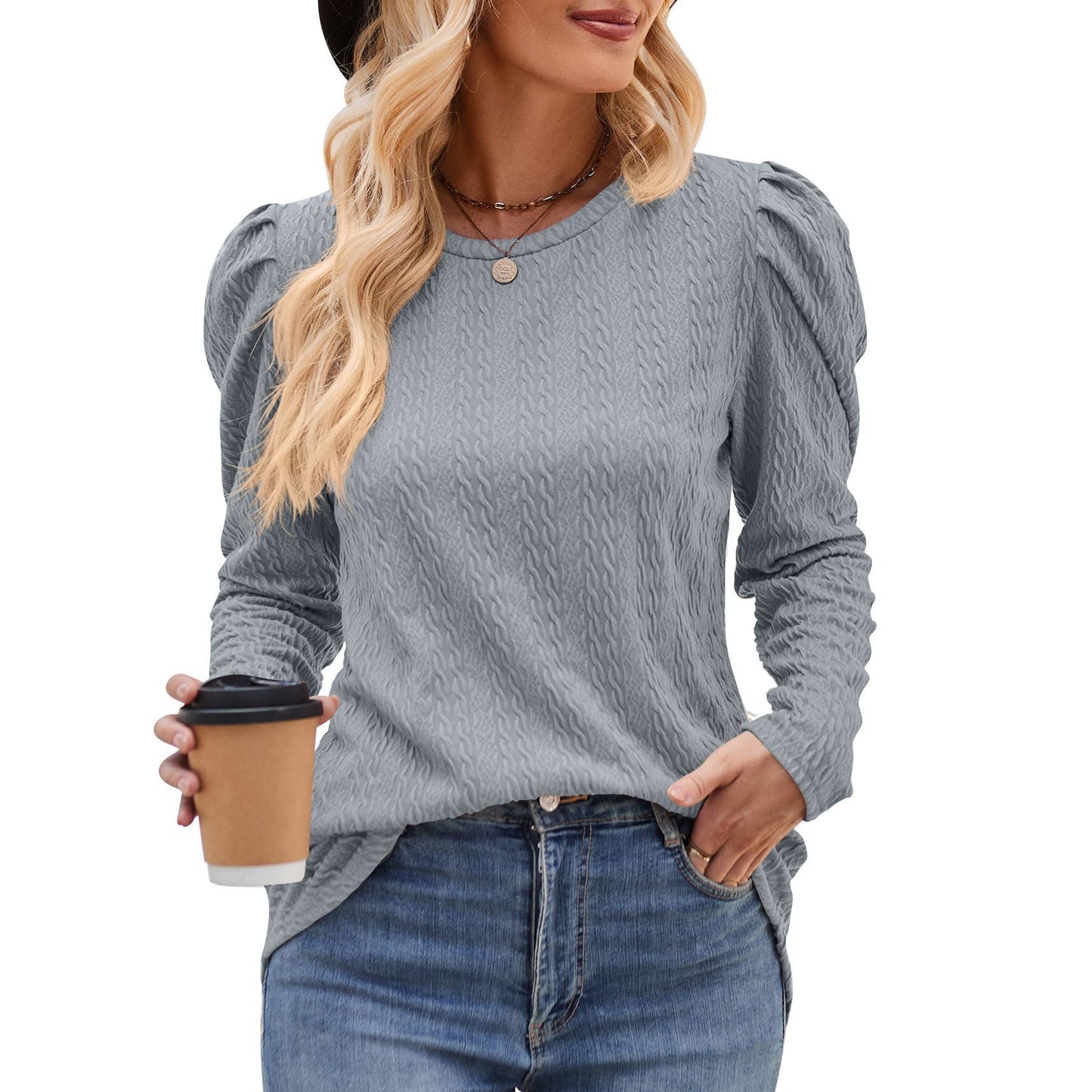Ladies' elegant long-sleeve shirt with structured pattern and puff sleeves WW