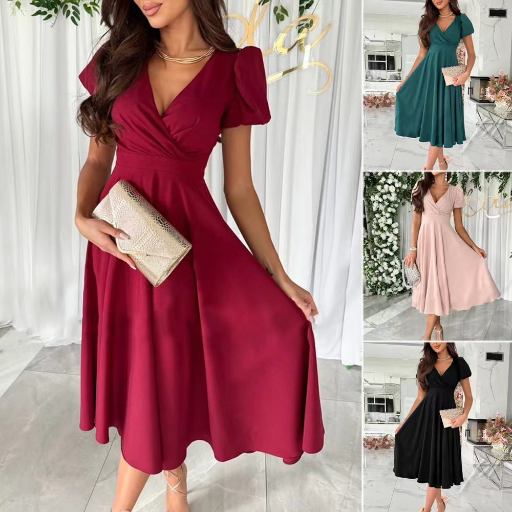 WW | Stylish Commuter Solid Color V-neck Puff Sleeve Dress