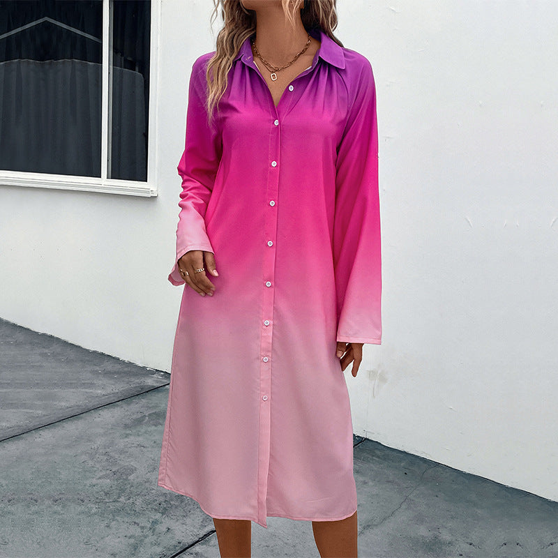 Damen Midi-Kleid mit modernem Farbverlauf und elegantem Hemdkragen WW