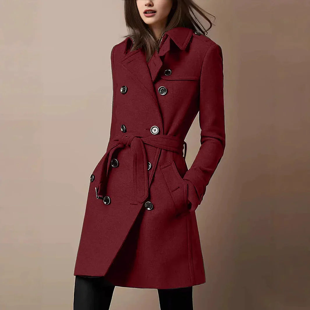 WW | Women's Coat – Slim Fit Wool Blend – Double-breasted – Belted Waist – Mid-thigh Length