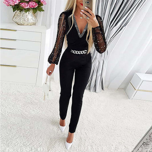 WW | Jumpsuit Slim Fit V-Neck with Diamond Details Cut Sleeves Chain Belt