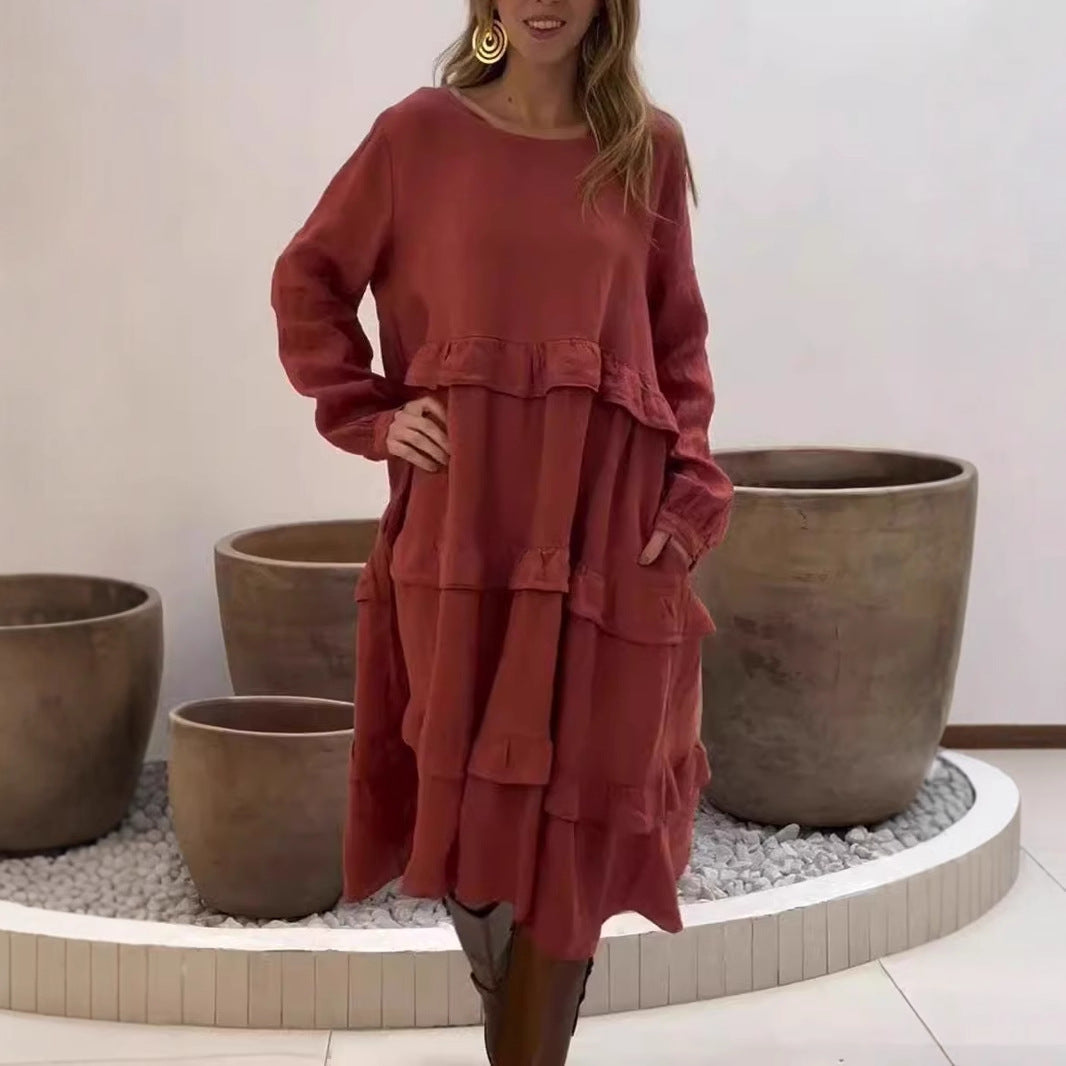 WW | Ruffled Round Neck Long Sleeve Dress