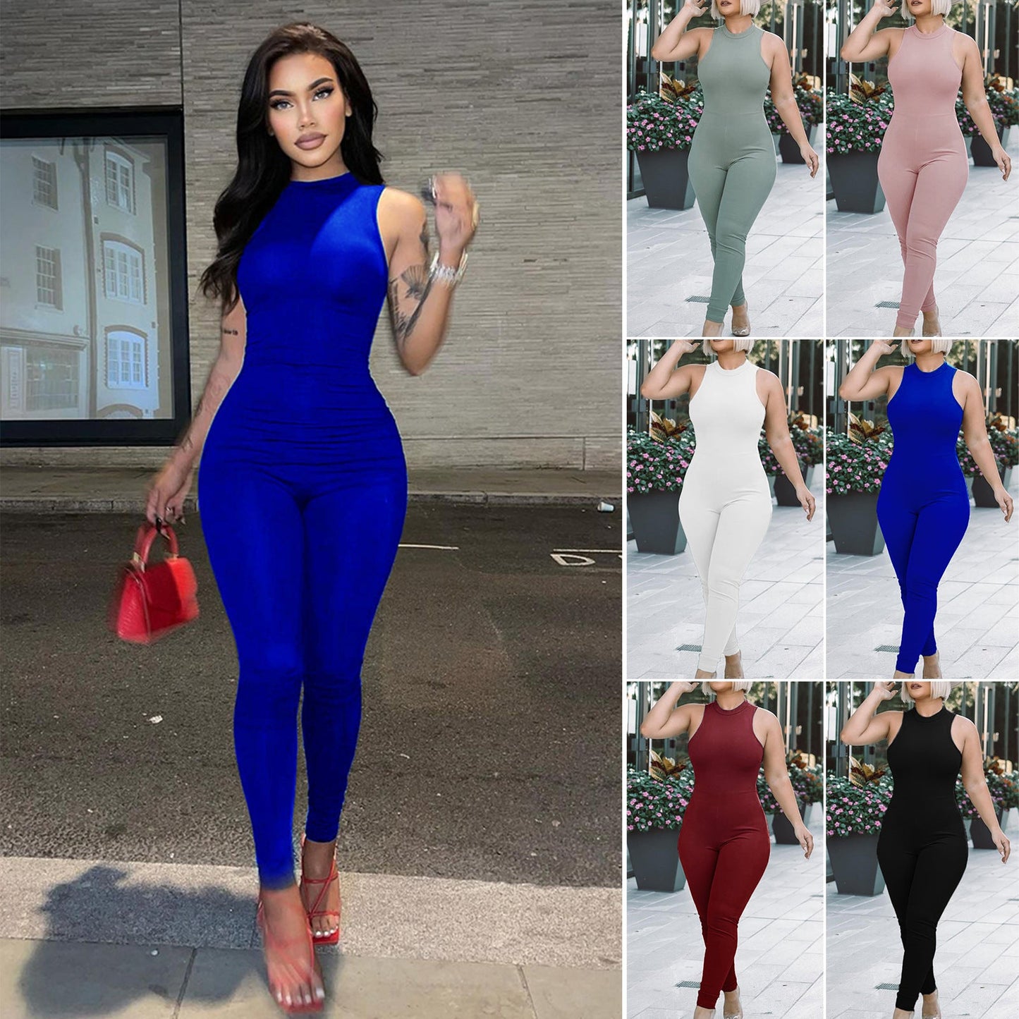 Women's All-in-One Jumpsuit with Plunge Neck and Bodycon Fit WW