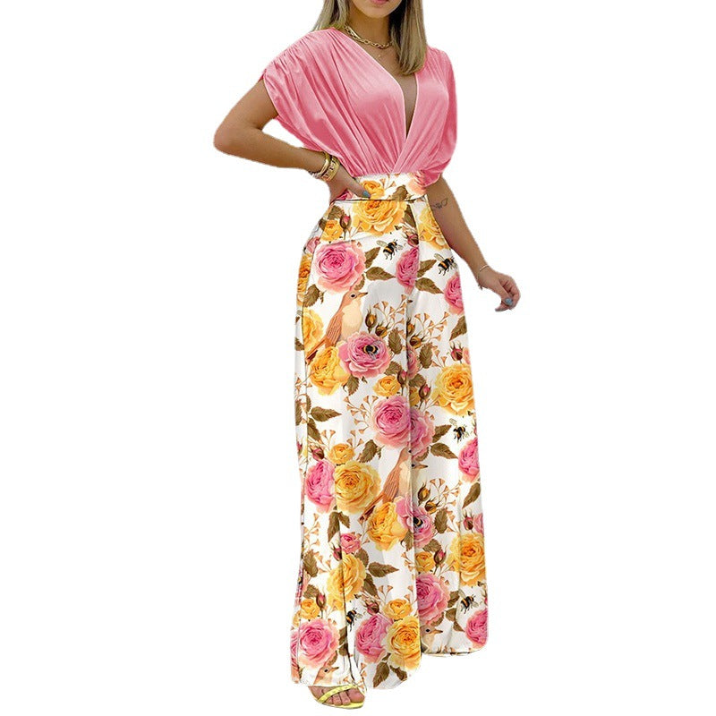 Women's Jumpsuit with Deep V-Neck and Wide Leg WW