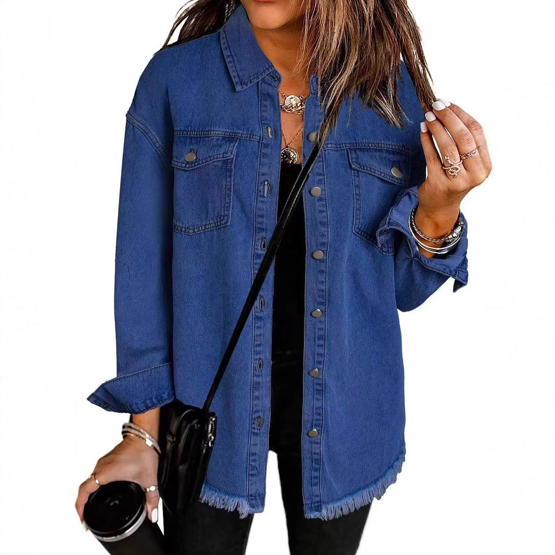 Women's Oversized Denim Shirt with Fringes WW