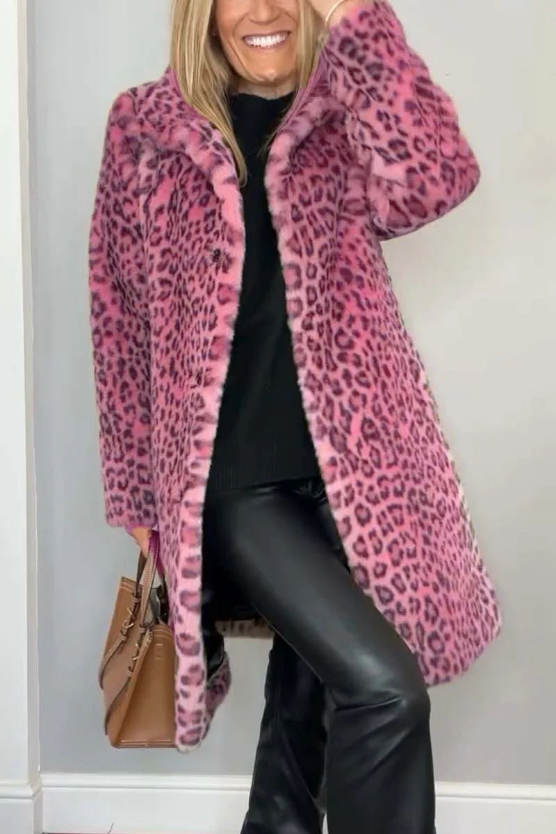 Damen Flauschige Leopardmuster Jacke mit hohem Kragen WW