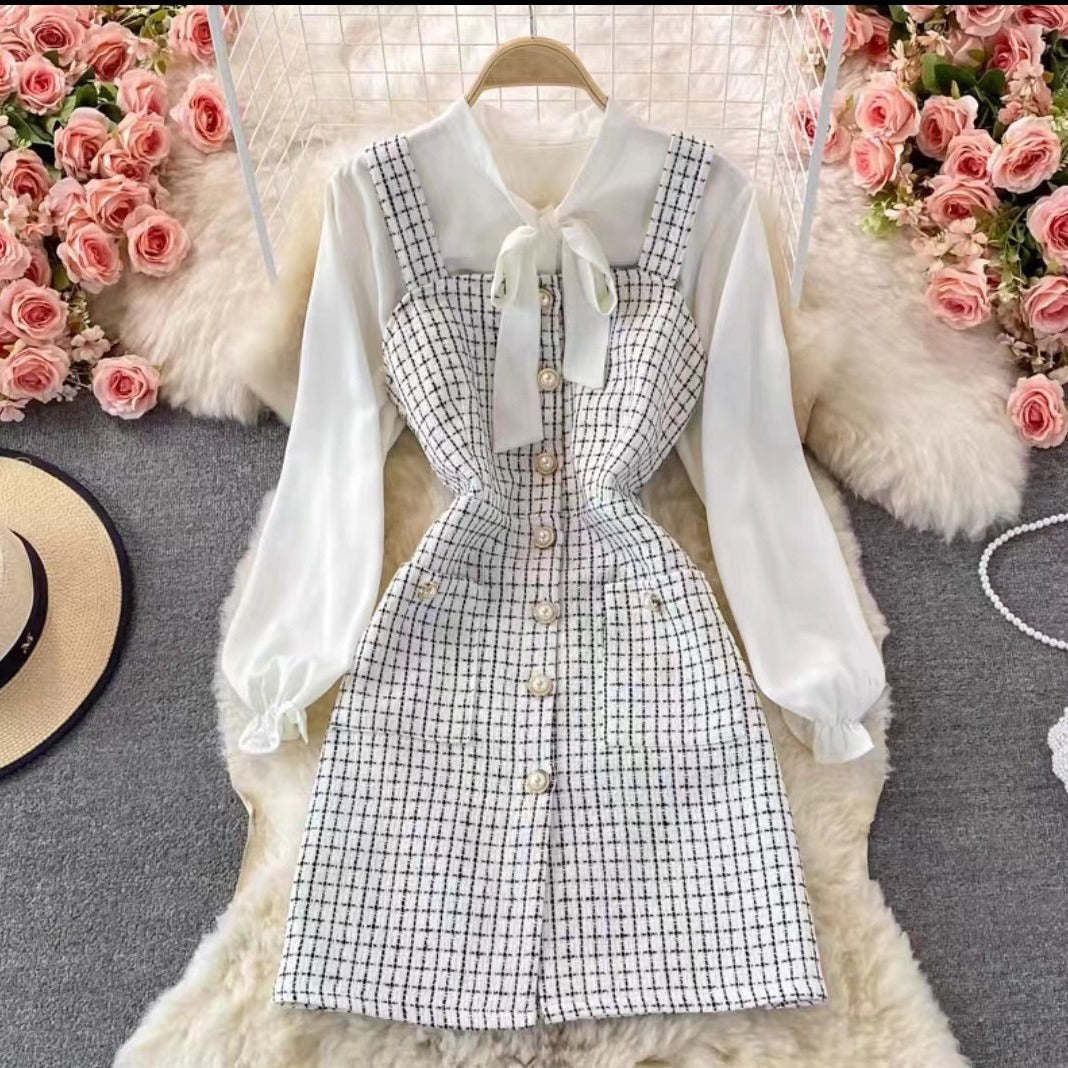 WW | Satz mit Latzkleid Tweed A-Linie Bluse mit Schleife und Puffärmeln