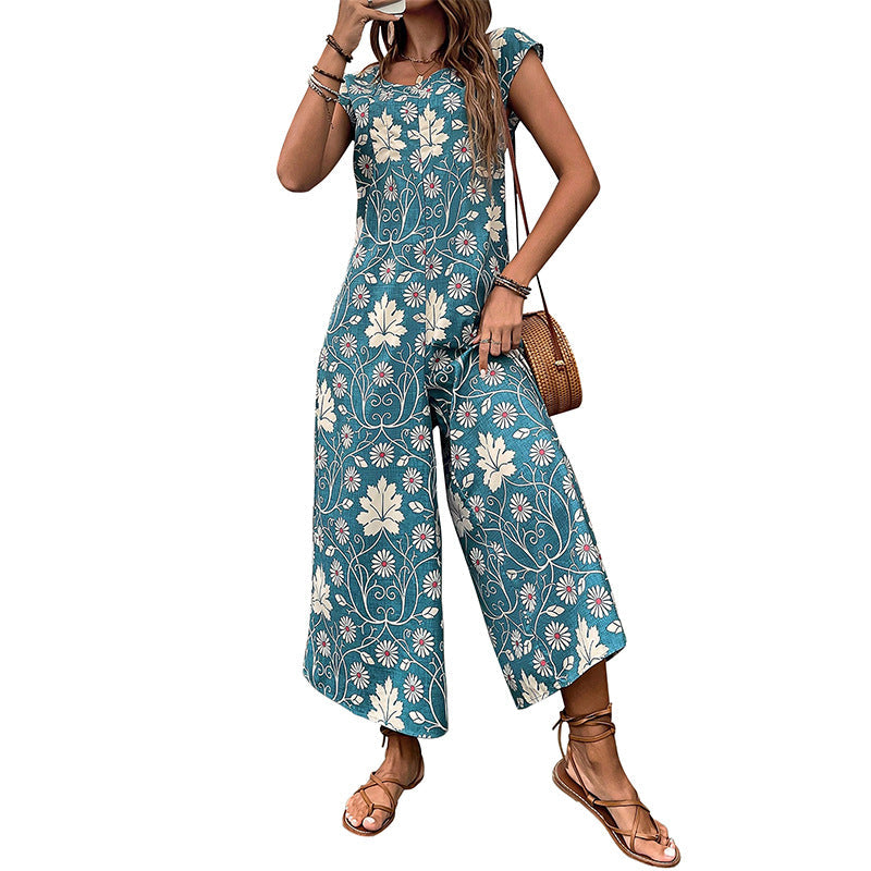 Women's Jumpsuit with Floral Design and Chestnut Tie-Belt WW