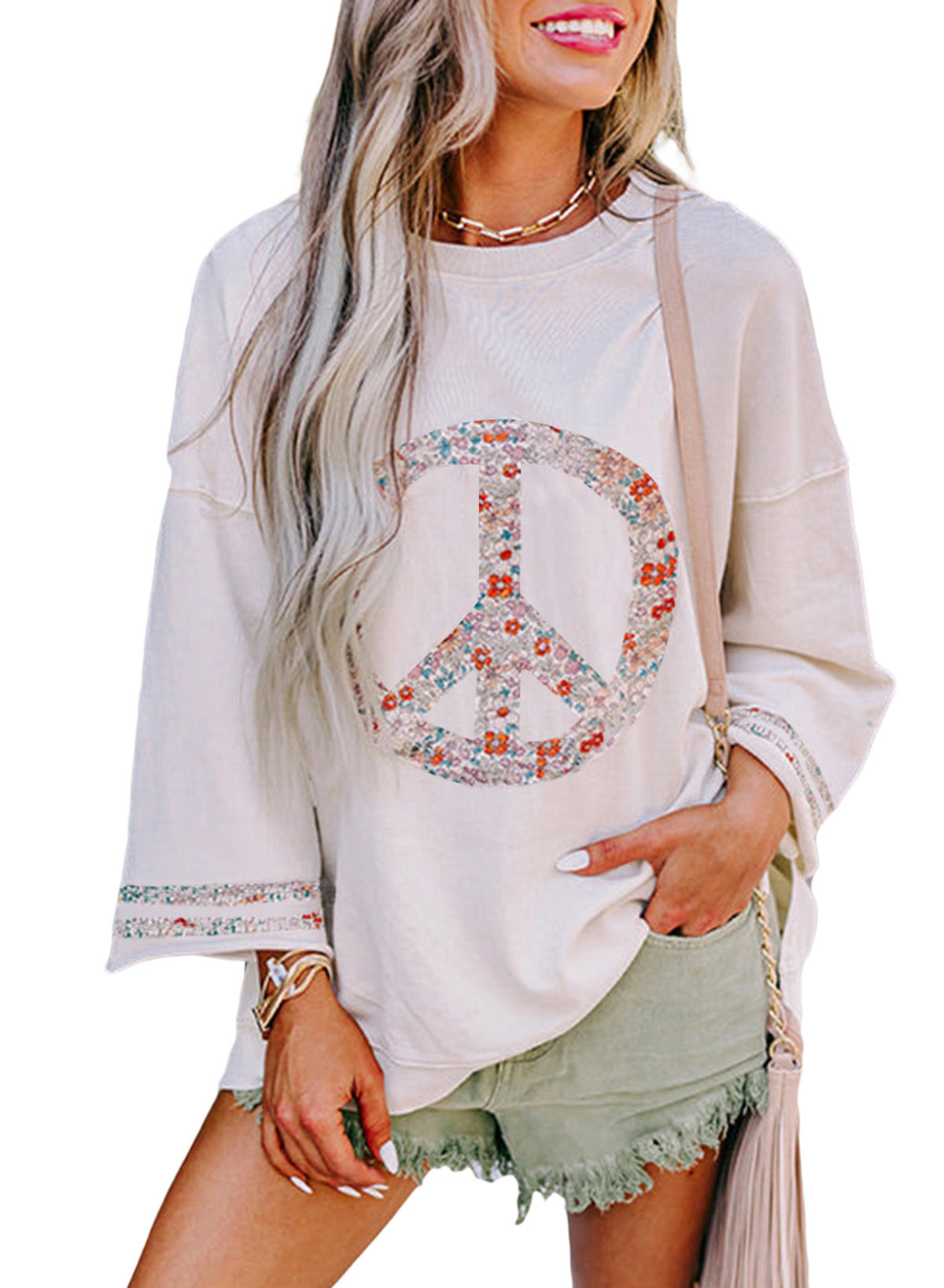 Damen Sweatshirt mit floralem Peace-Zeichen WW