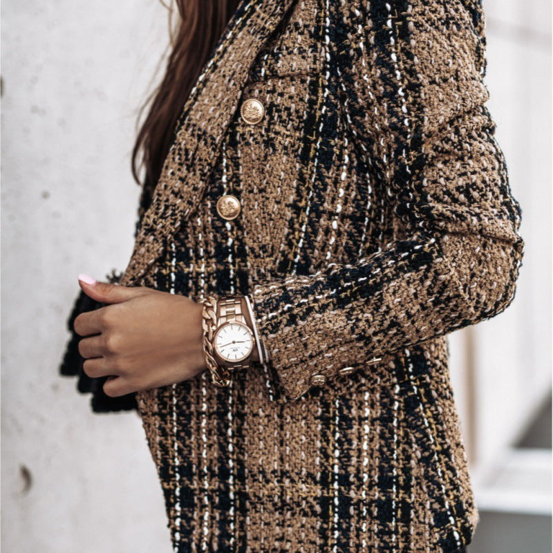 Damen Karierter Blazer mit goldenen Knöpfen und strukturiertem Gewebe WW