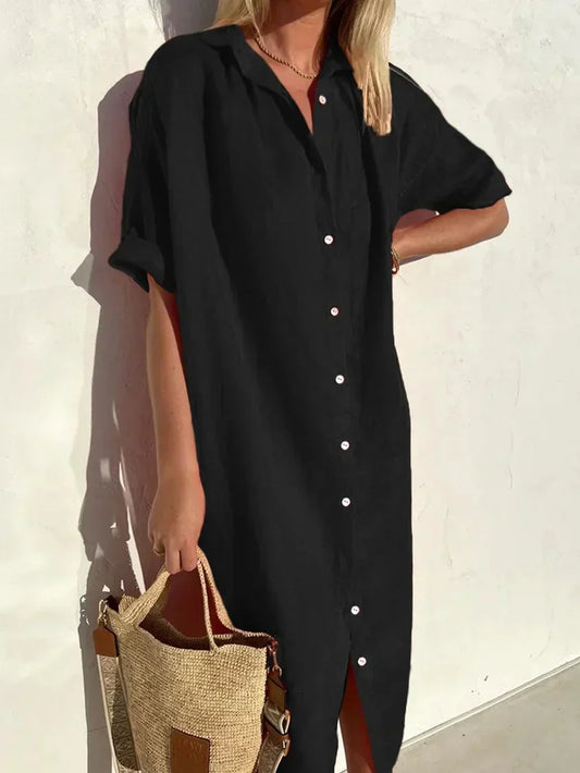 WW | Button-Up Dress with Wide Neckline and Slim Sleeves, Elegant and Loose, for Women Cotton and Linen Dresses
