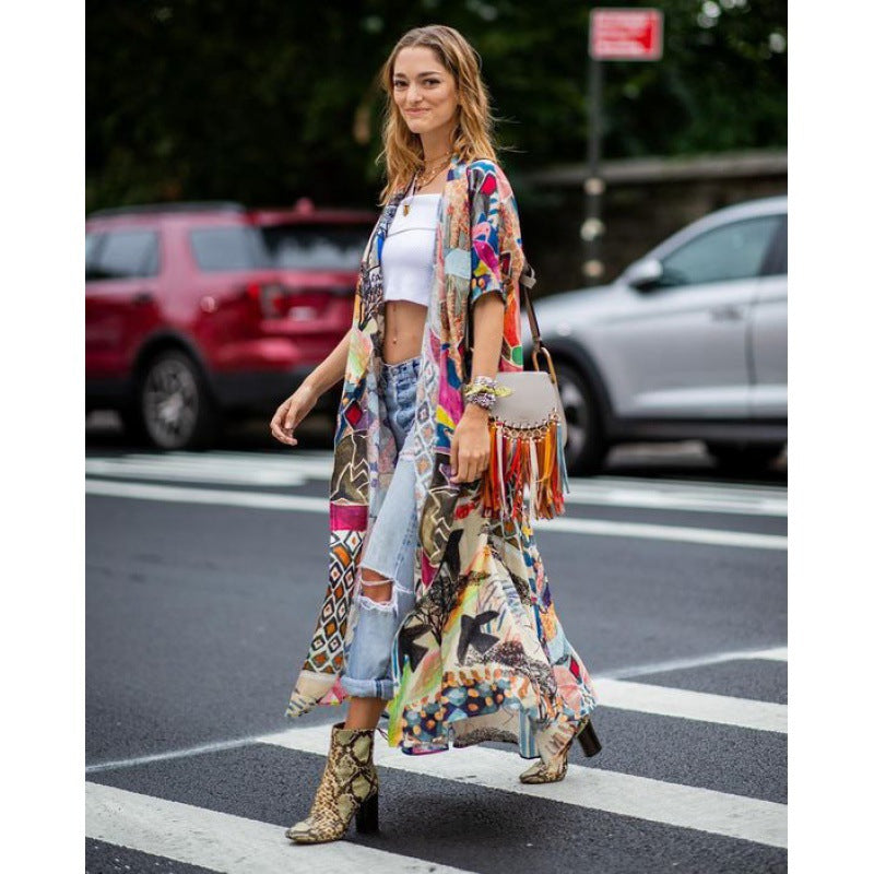 Damen Kimono-Überwurf mit buntem Patchwork-Design und leichtem Stoff WW