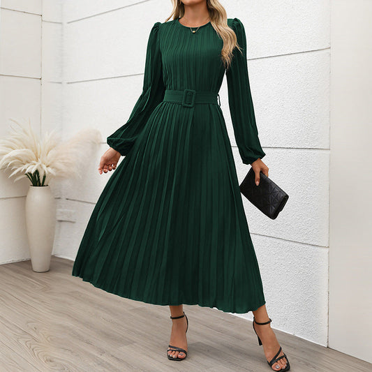 Damen Plisseekleid mit Taillengürtel und langen Ärmeln WW