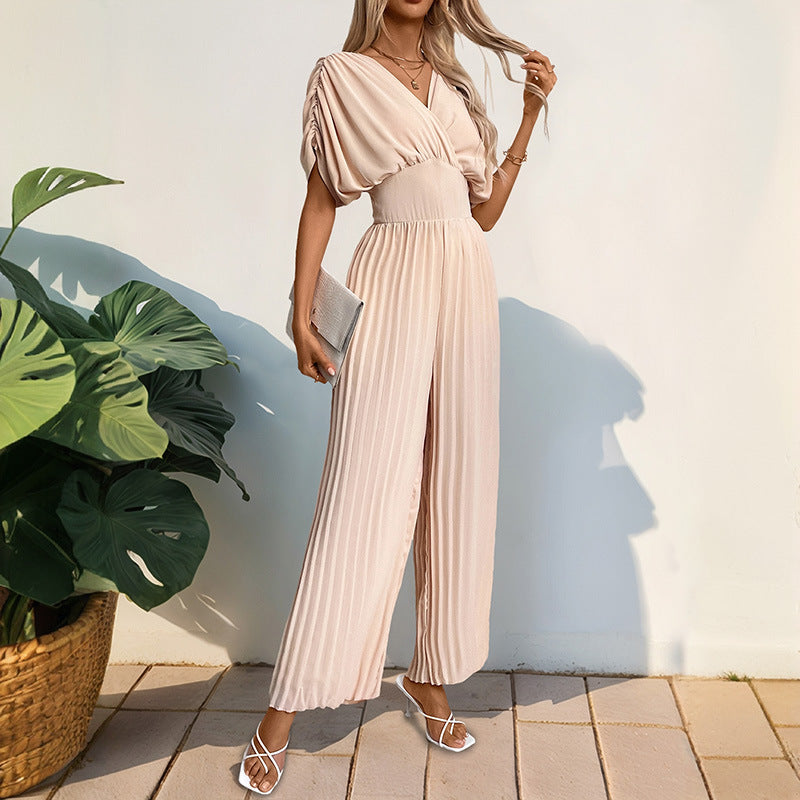 Women's Elegant Jumpsuit with Deep V-Neck and Voluminous Sleeves WW