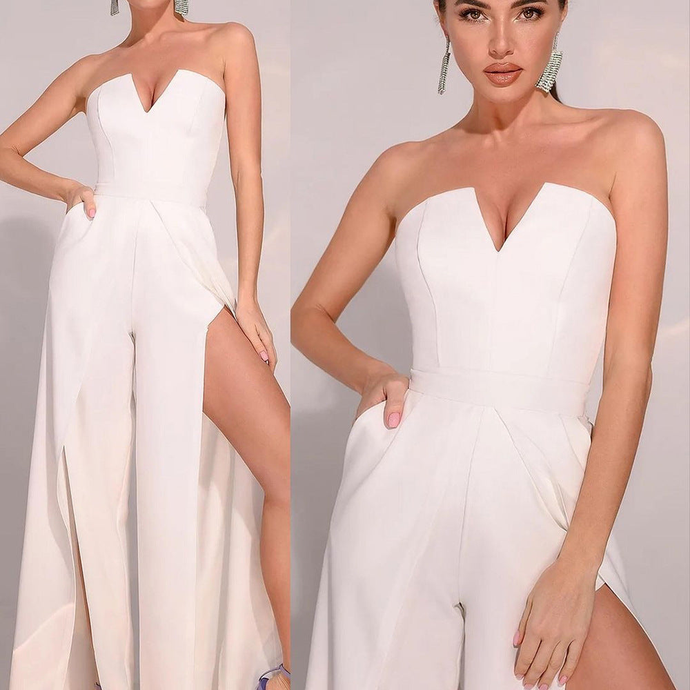 Women's Elegant Strapless Wide-Leg Jumpsuit with Pockets WW