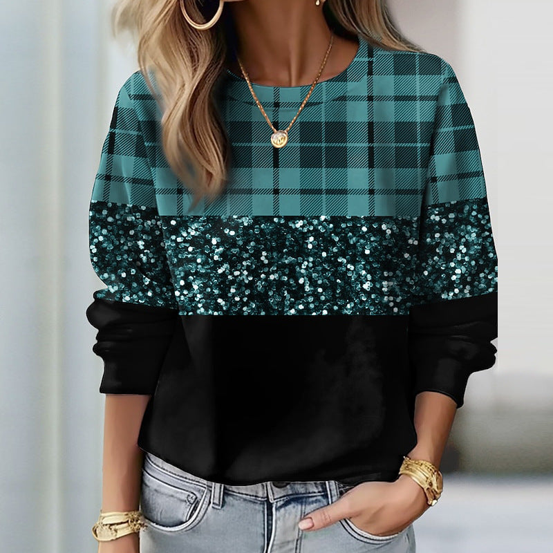 Damen Glitzer-Sweatshirt mit Karomuster und lässigem Schnitt WW