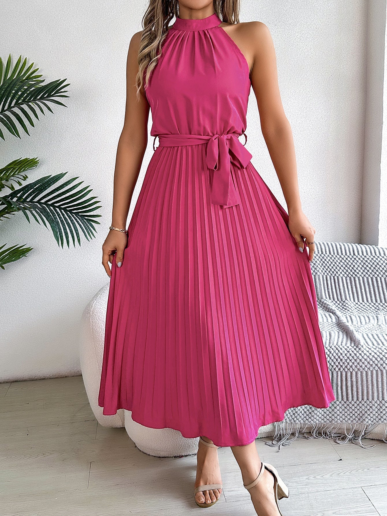 WW | Frühling Elegante Stehkragen Taille-betonte Falten Maxi Kleid