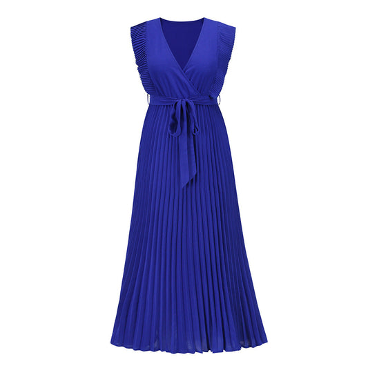 Women's Pleated Maxi Dress with Wrap Look and Tie Belt WW