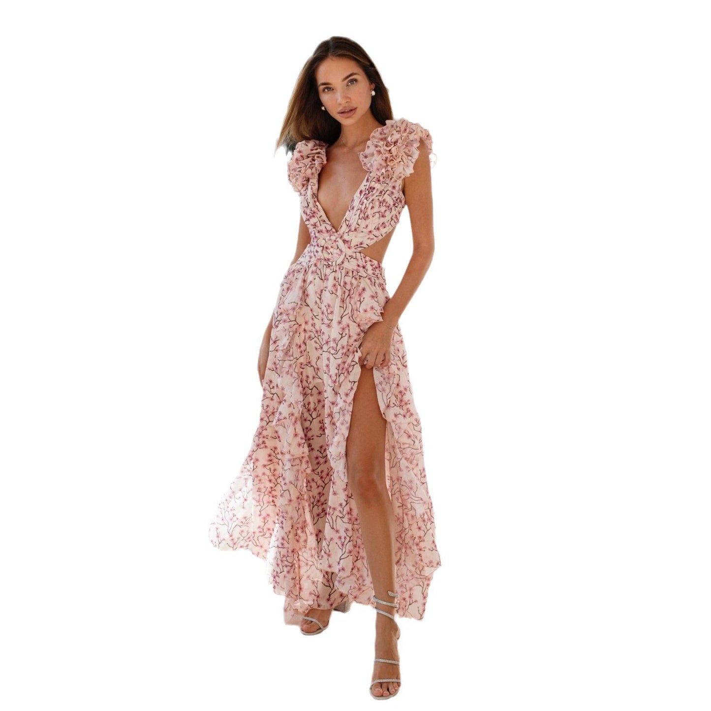 Damen Maxi Kleid mit Rüschendetails und Blumenmuster WW