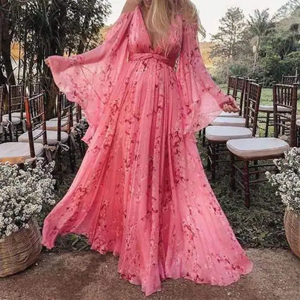 Damen Maxikleid mit schwingenden Ärmeln und floralem Muster WW