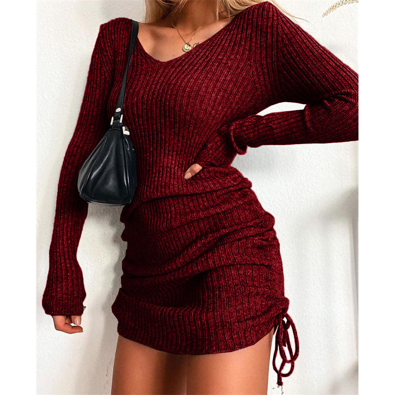 Damen figurbetontes Strickkleid mit raffinierten Rüschendetails WW