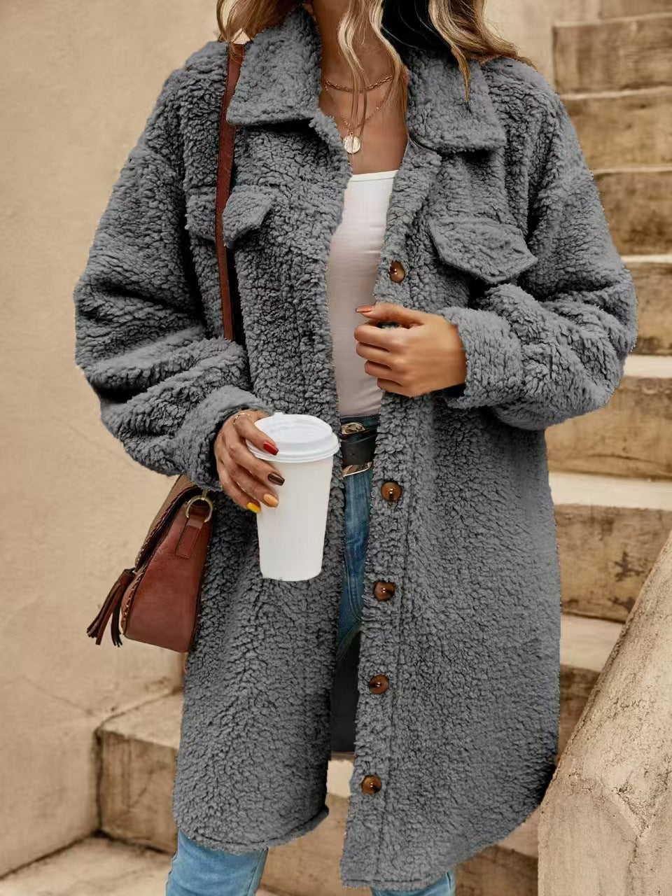 WW | Coat - Oversized - Soft Sherpa - Button Closure - Chest Pockets